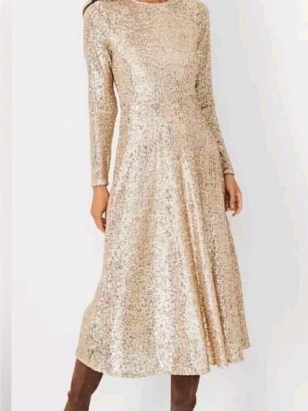 Ann Taylor Long Sleeve Sequin Midi Dress in Gold